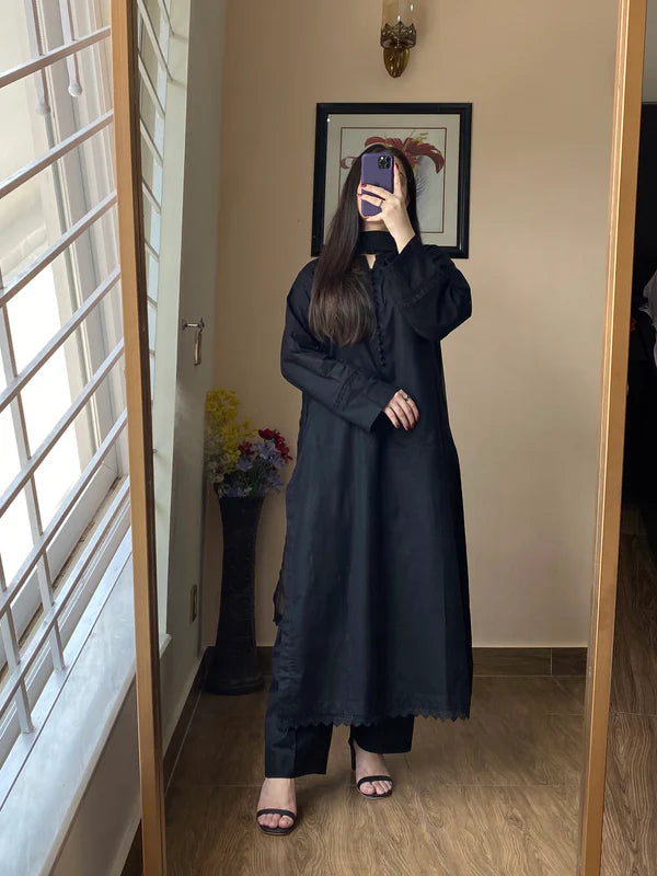 3 Piece Lawn Black Cotton Dress