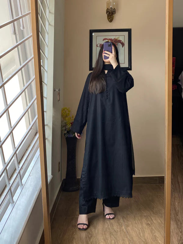 3 Piece Lawn Black Cotton Dress