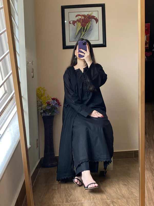 3 Piece Lawn Black Cotton Dress