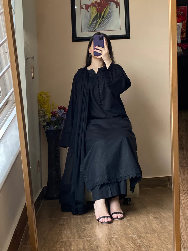 3 Piece Lawn Black Cotton Dress