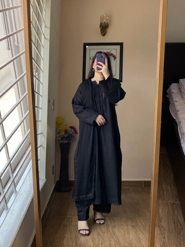 3 Piece Lawn Black Cotton Dress