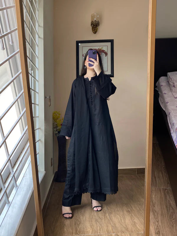3 Piece Lawn Black Cotton Dress