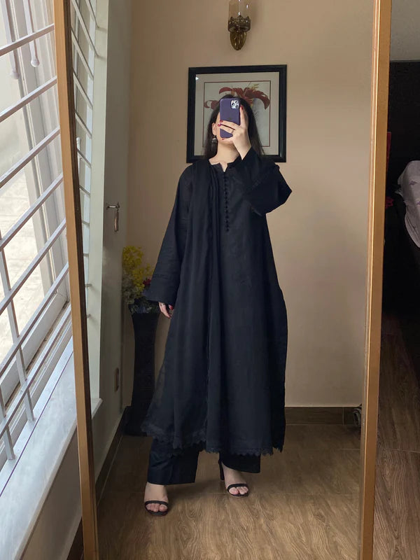 3 Piece Lawn Black Cotton Dress