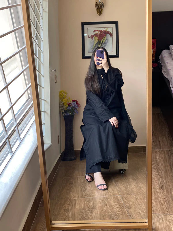 3 Piece Lawn Black Cotton Dress