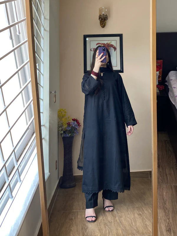 3 Piece Lawn Black Cotton Dress