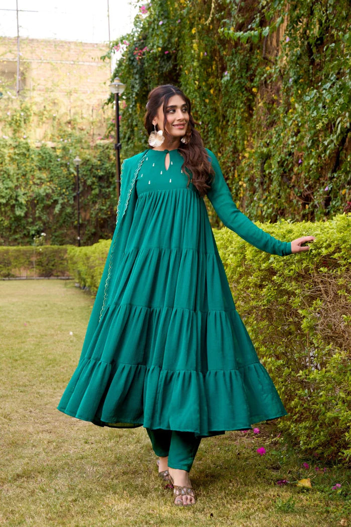 Green Hand Embroidery Anarkali Suit Set with Dupatta