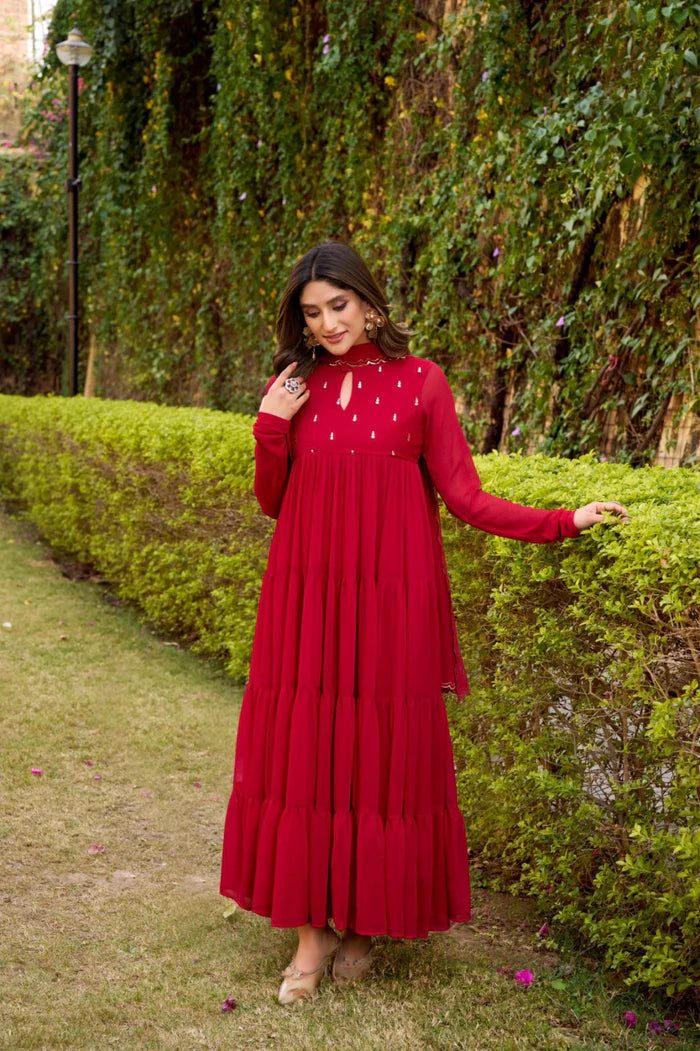 Red Hand Embroidery Anarkali Suit Set with Dupatta