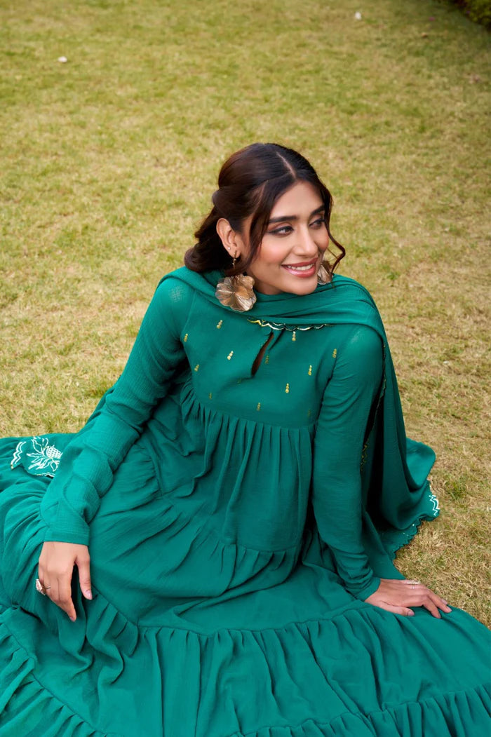 Green Hand Embroidery Anarkali Suit Set with Dupatta