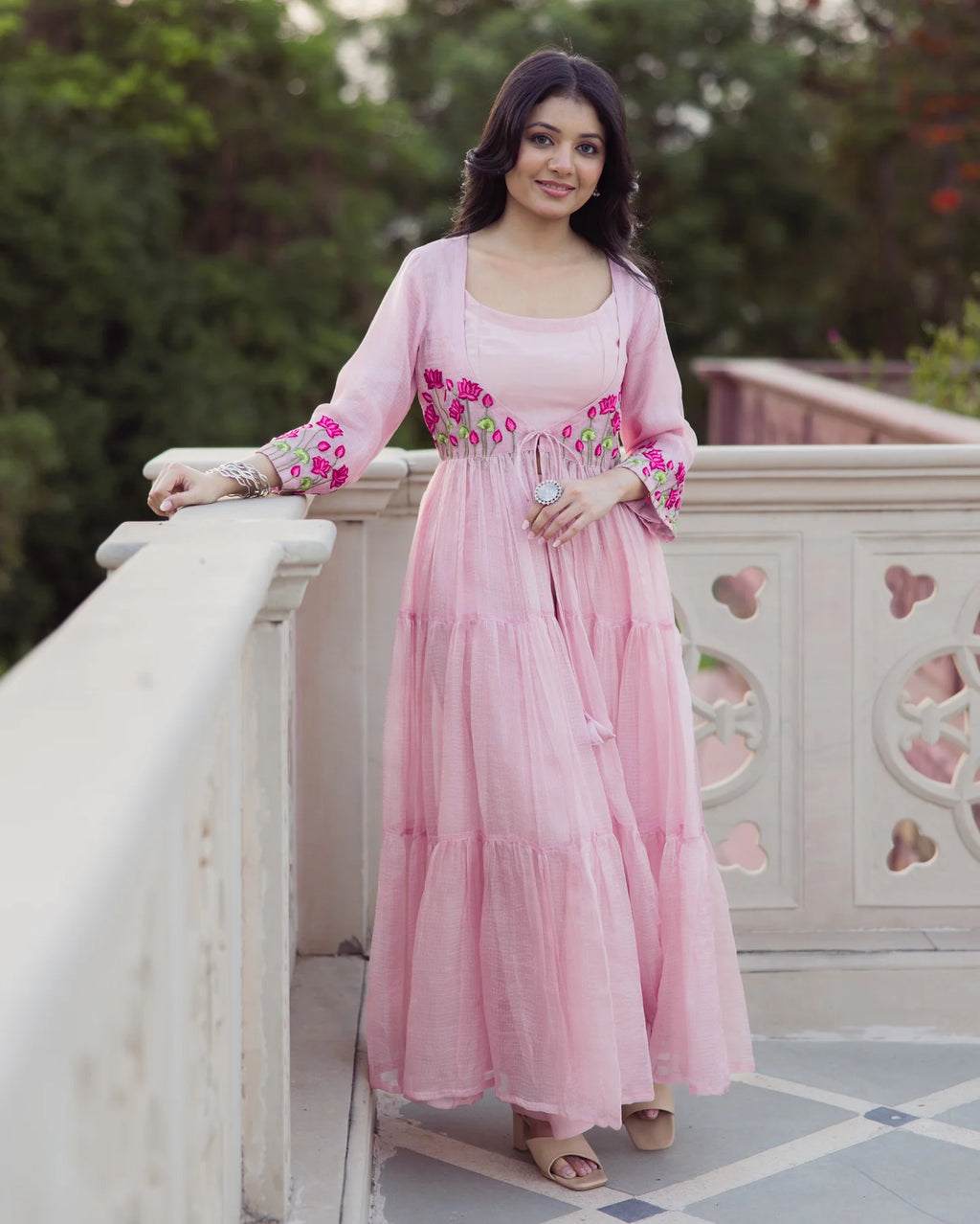 Flowy Pink Embroidered Doria Anarkali Set