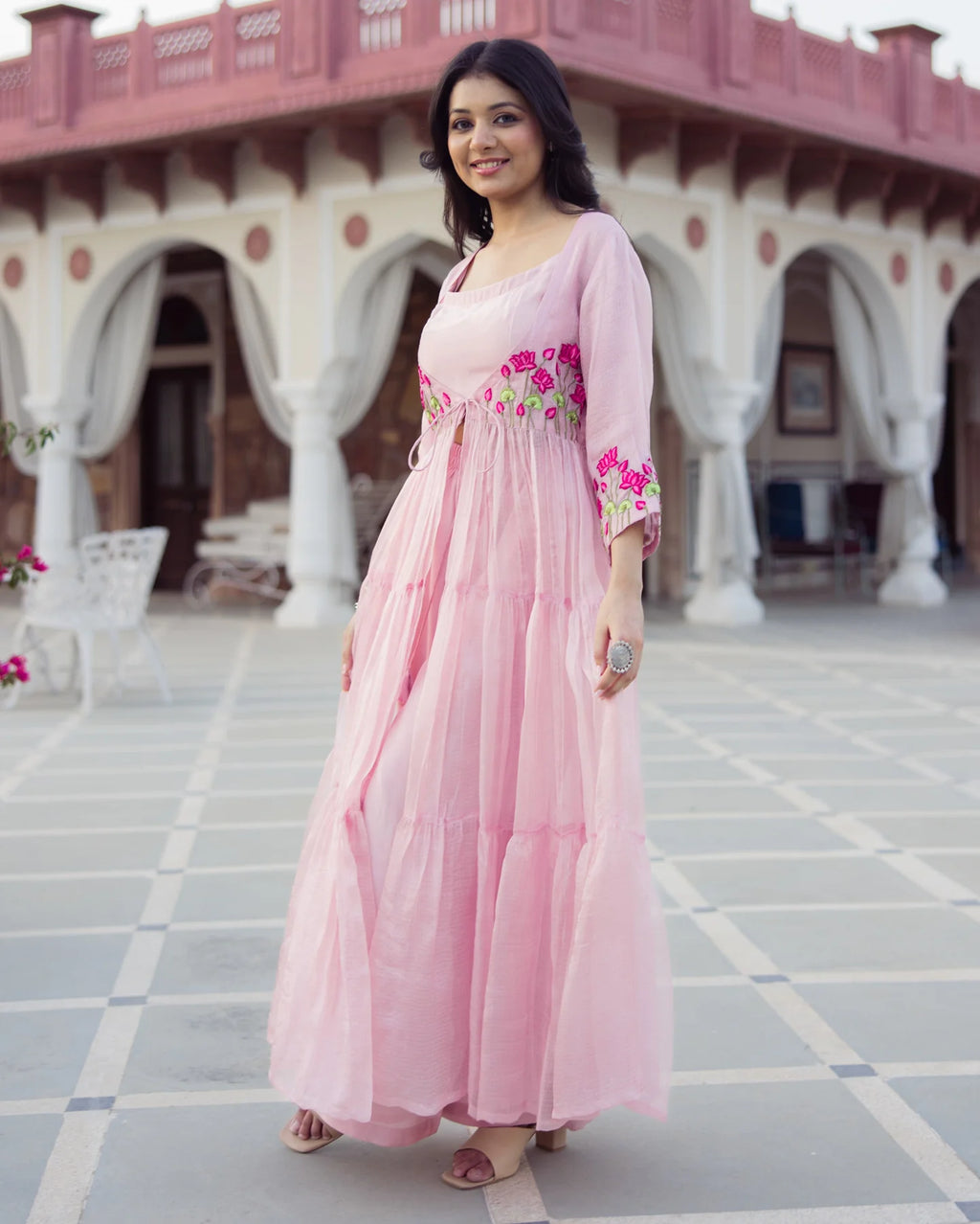 Flowy Pink Embroidered Doria Anarkali Set