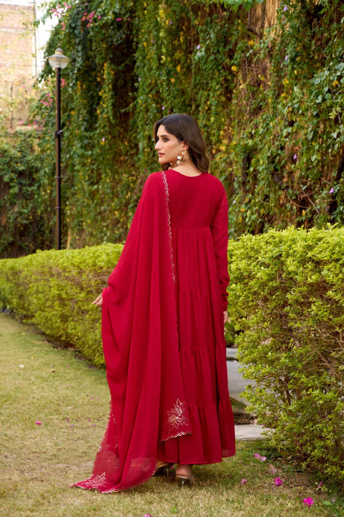 Red Hand Embroidery Anarkali Suit Set with Dupatta
