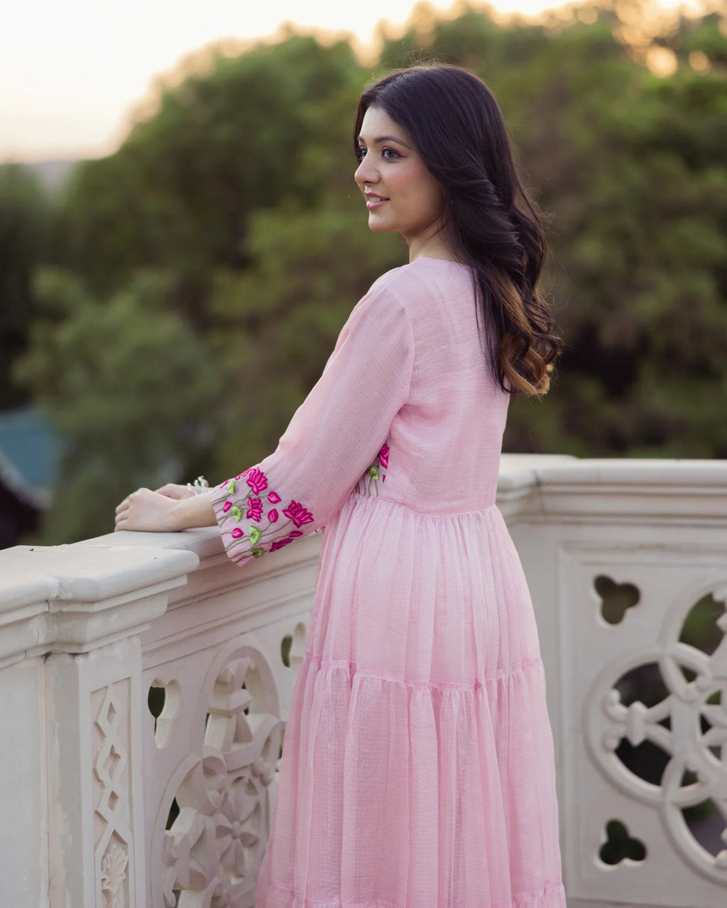 Flowy Pink Embroidered Doria Anarkali Set