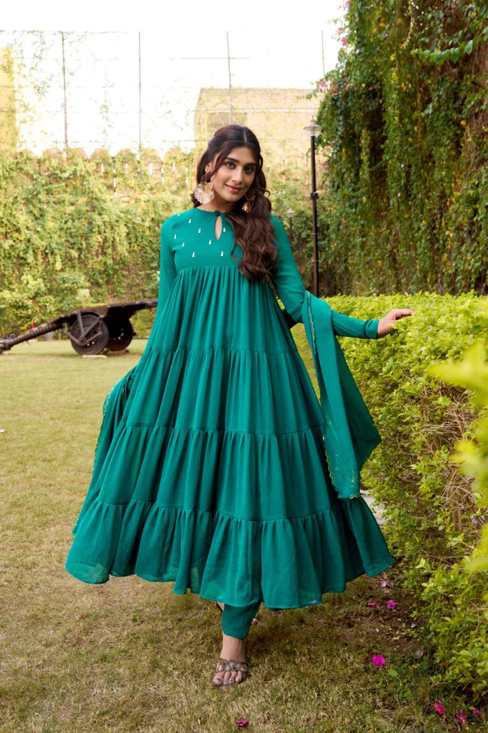 Green Hand Embroidery Anarkali Suit Set with Dupatta