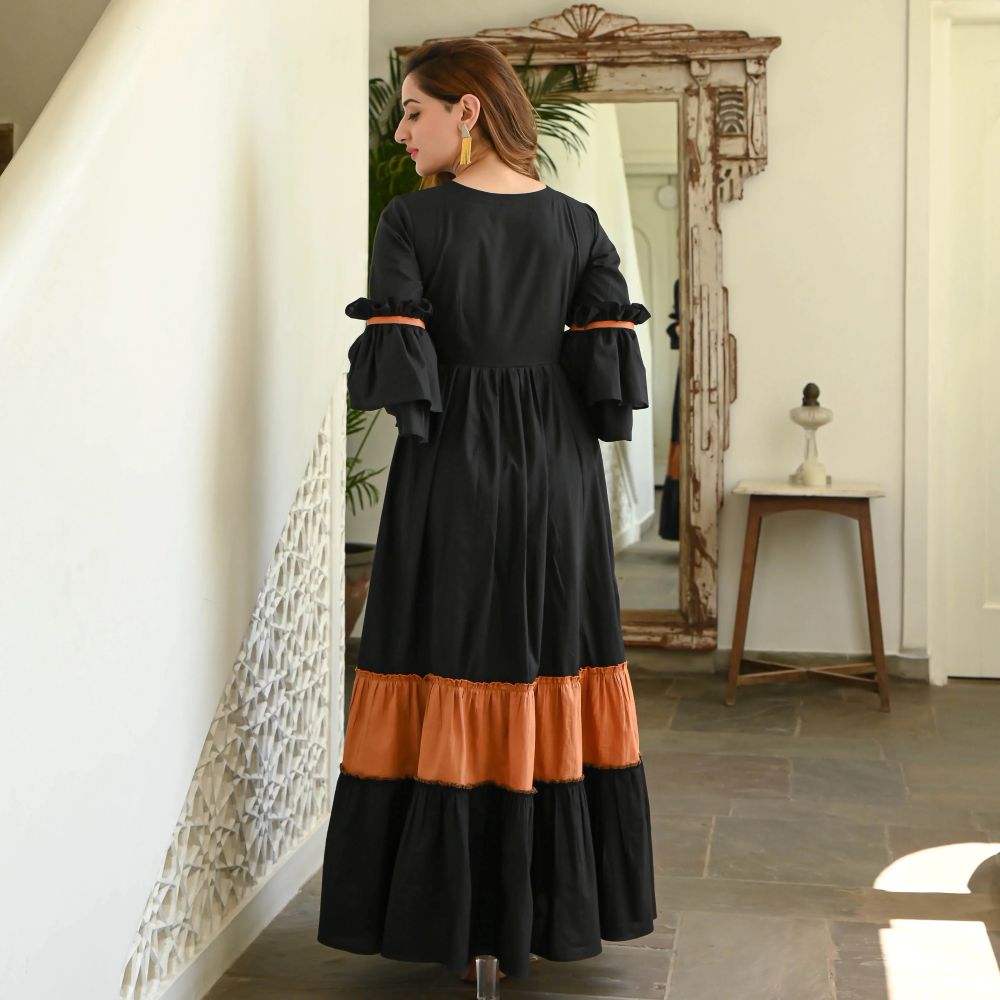 Boshon Black Rust Tier Cotton Dress