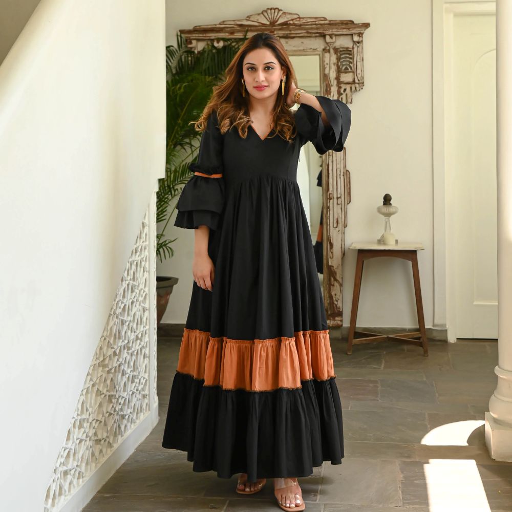 Boshon Black Rust Tier Cotton Dress