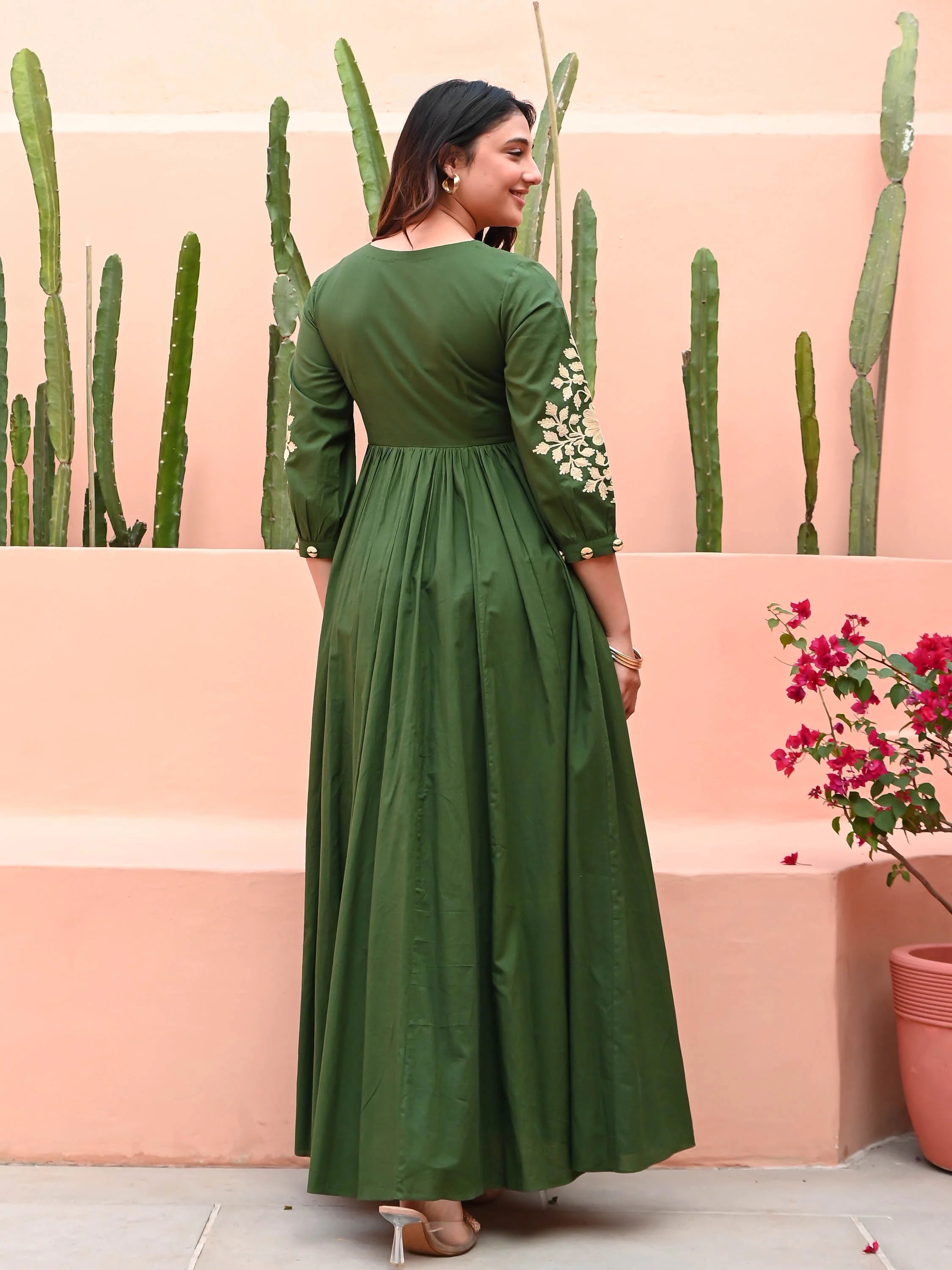 Boshon Embroidery Dark Green Cotton Dress