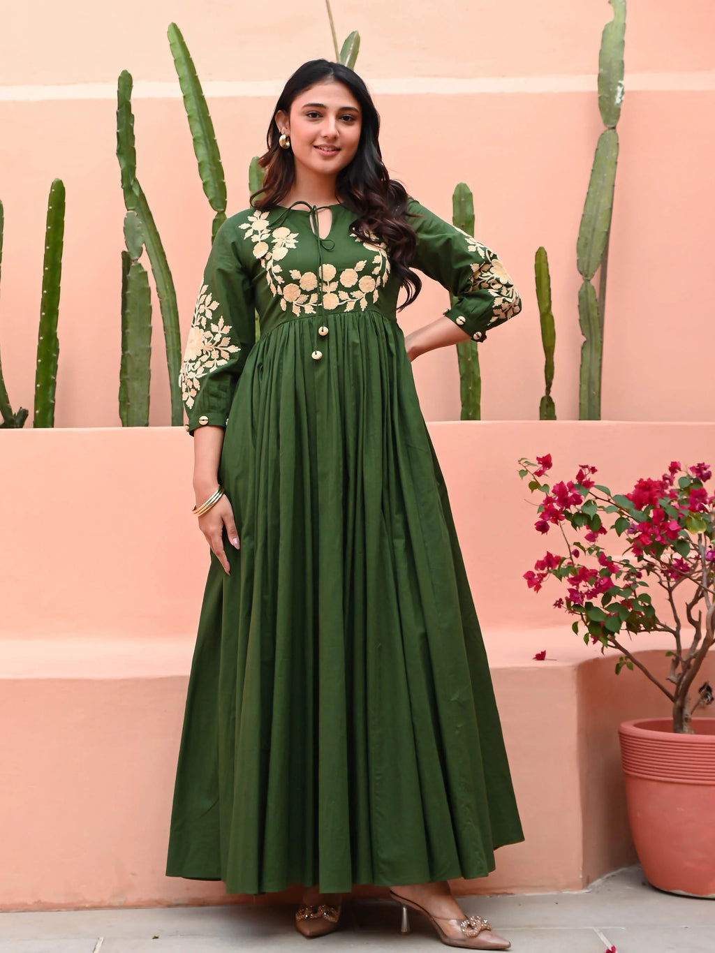 Boshon Embroidery Dark Green Cotton Dress