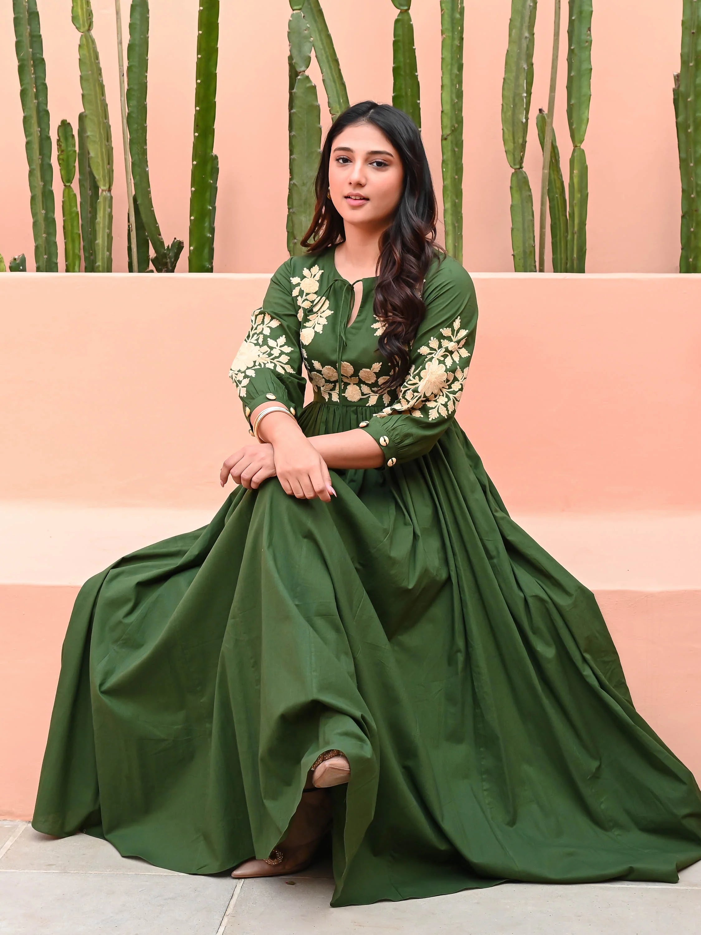 Boshon Embroidery Dark Green Cotton Dress