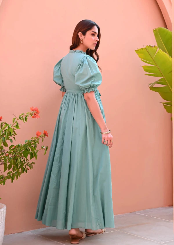 Boshon Mint Embroidered Cotton Dress