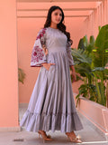 Grey Maroon Embroidered Cotton Dress