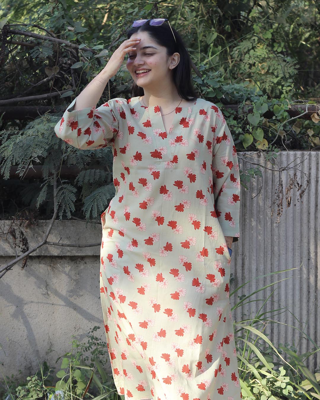 Light Pista Printed Long Kurta – Cotton