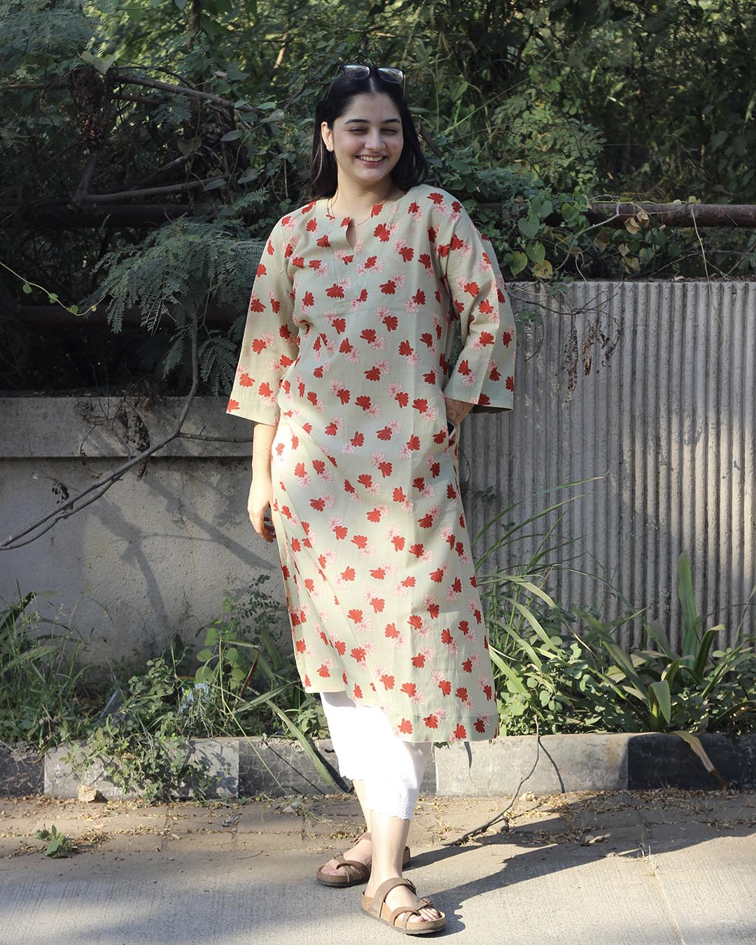 Light Pista Printed Long Kurta – Cotton