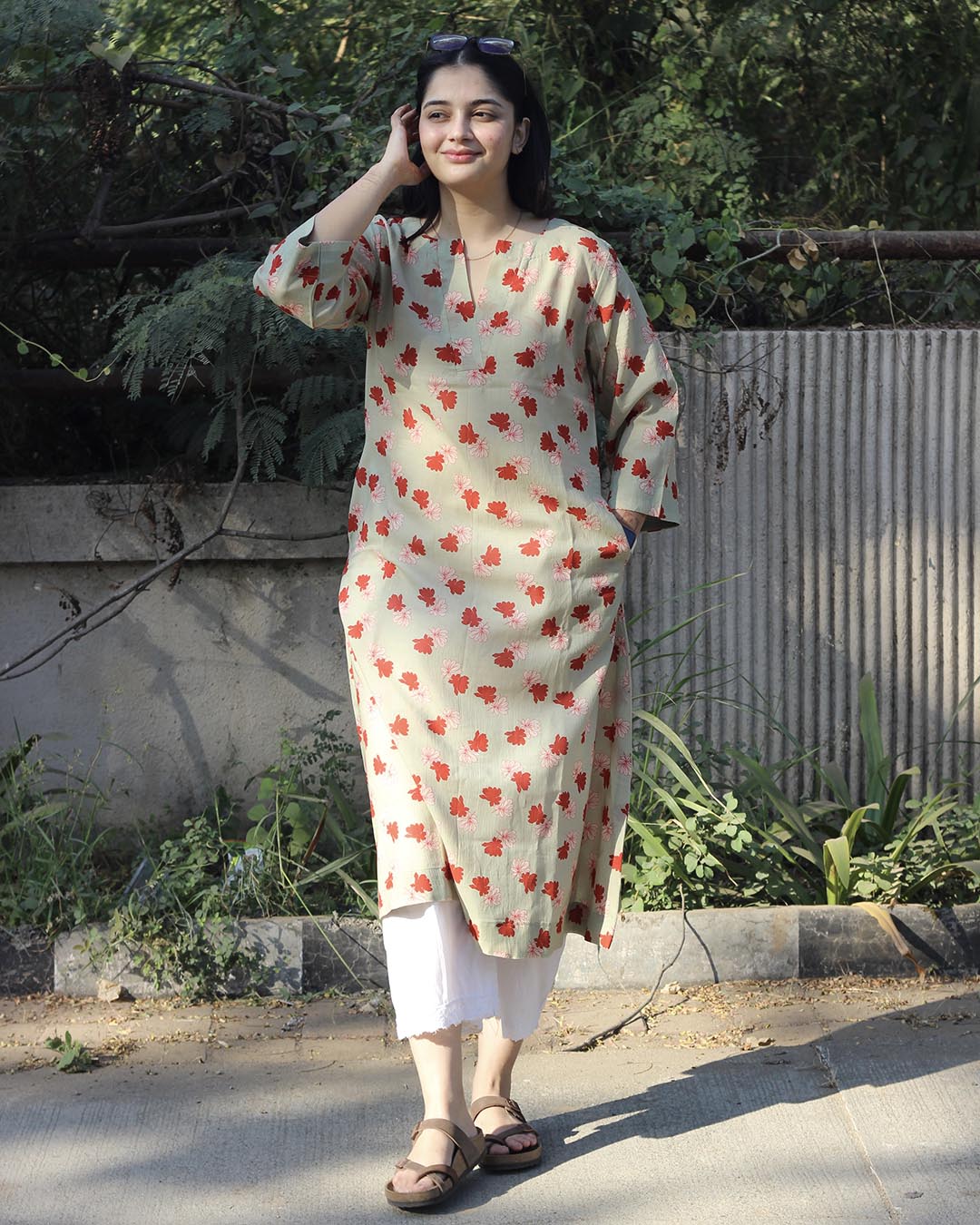 Light Pista Printed Long Kurta – Cotton