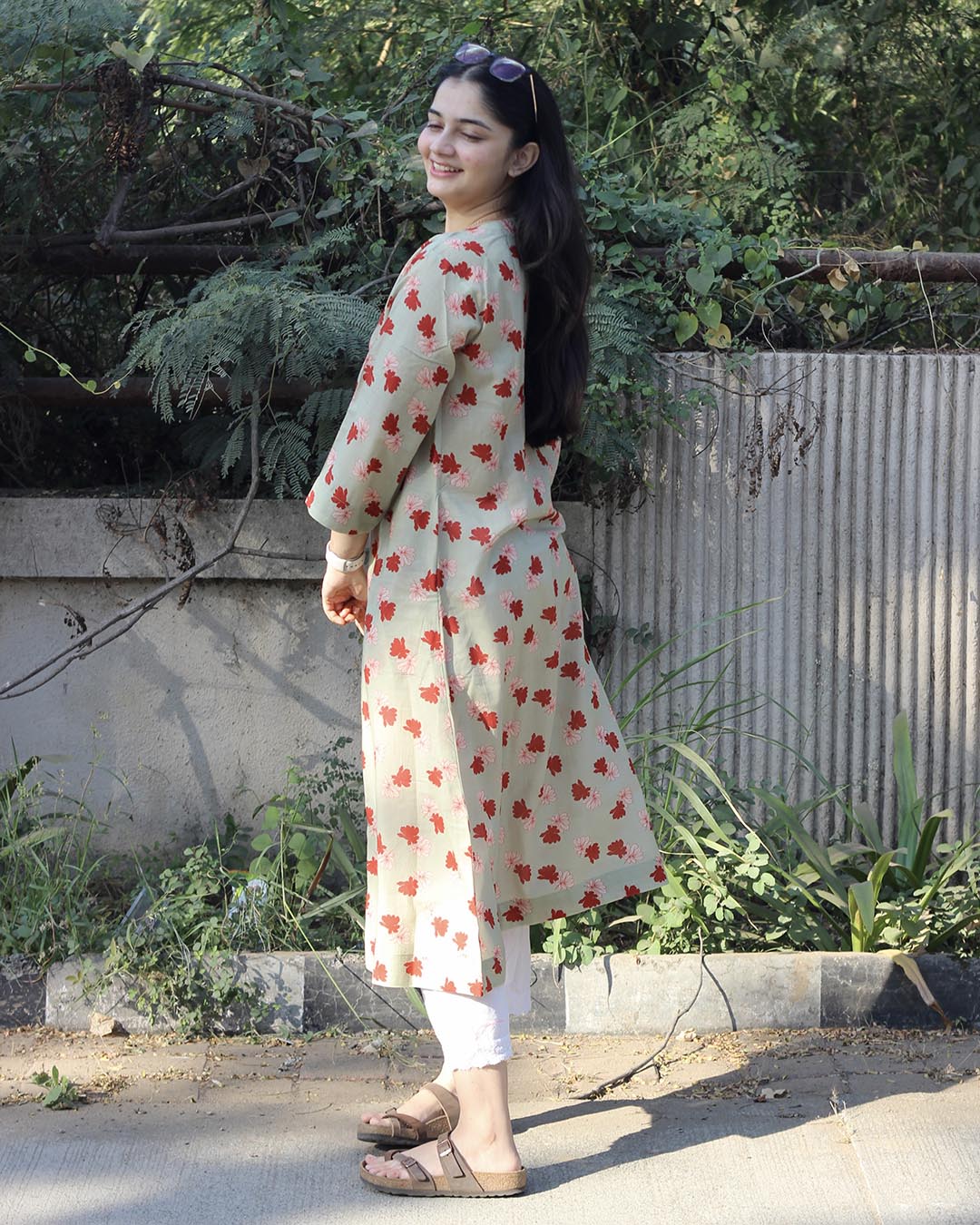 Light Pista Printed Long Kurta – Cotton