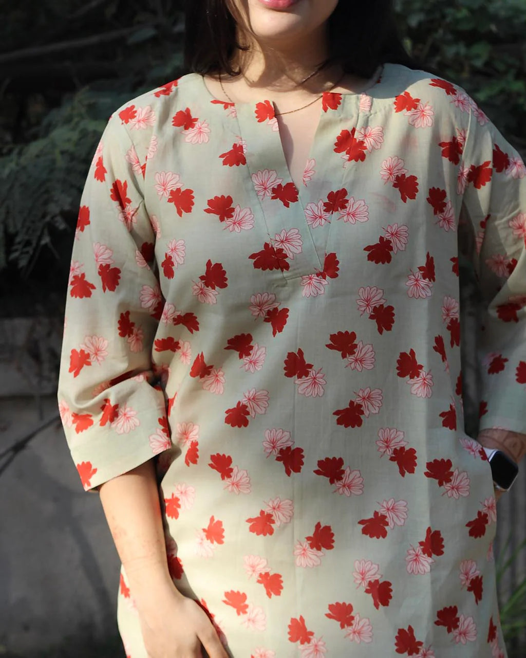 Light Pista Printed Long Kurta – Cotton