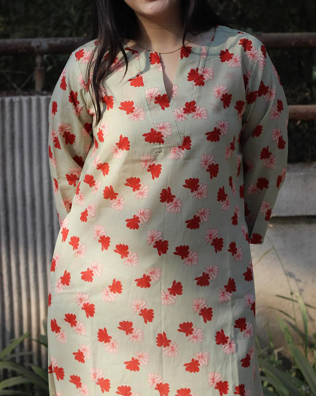 Light Pista Printed Long Kurta – Cotton
