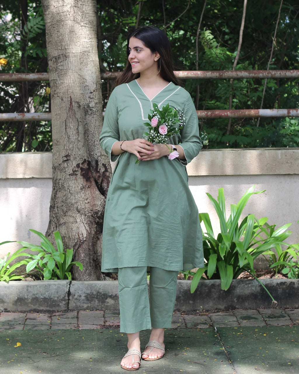 Premium Cotton Sage Green Long Kurta Set