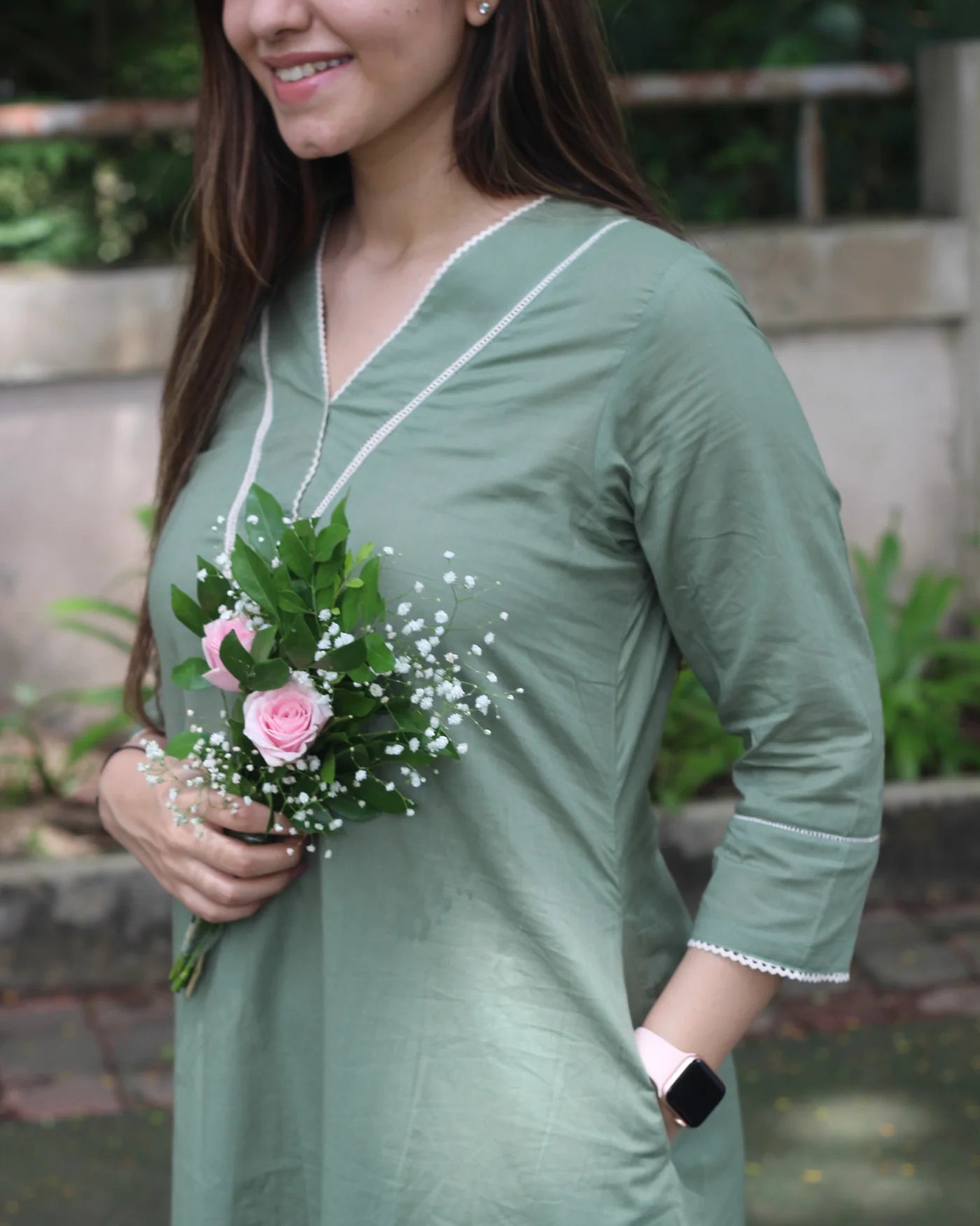 Premium Cotton Sage Green Long Kurta Set
