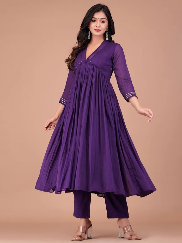 Boshon Purple Mulmul Anarkali Suit Set