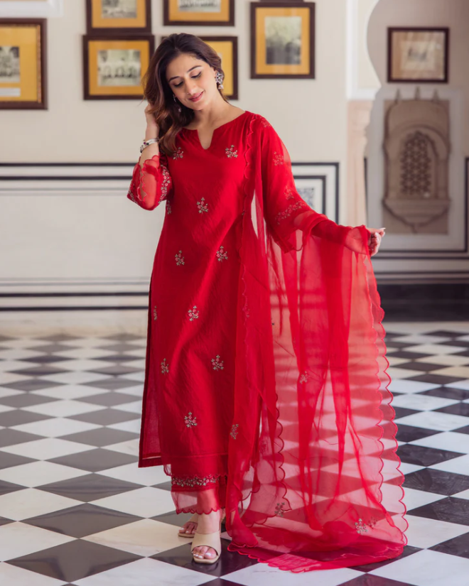 Boshon Radhika Red Embroidered Chanderi Suit Set