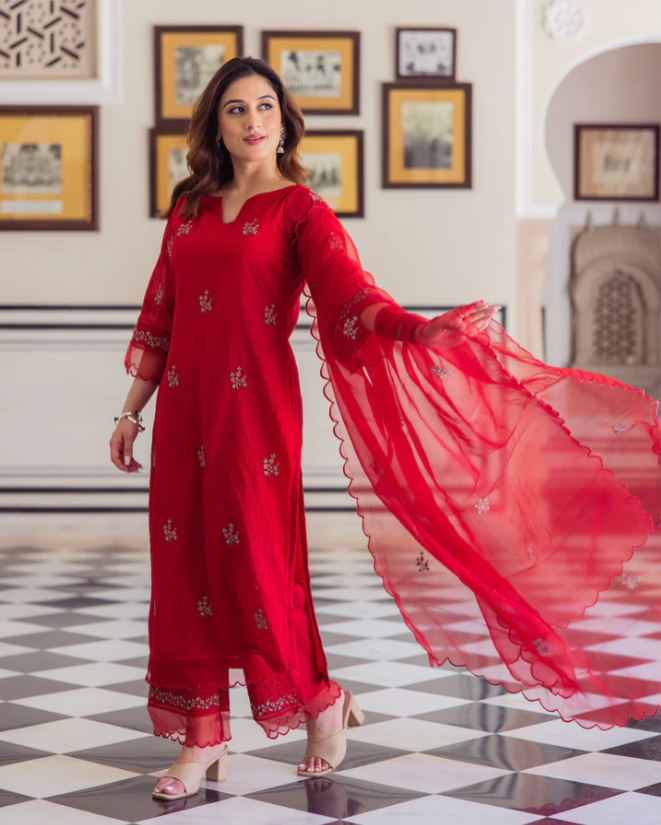 Boshon Radhika Red Embroidered Chanderi Suit Set