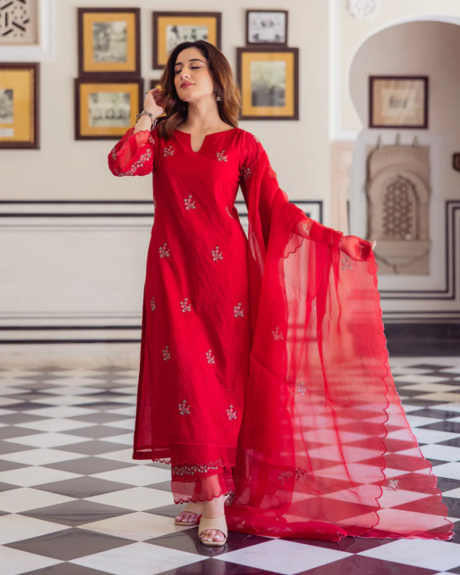 Boshon Radhika Red Embroidered Chanderi Suit Set