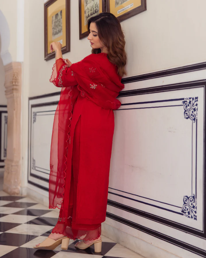 Boshon Radhika Red Embroidered Chanderi Suit Set