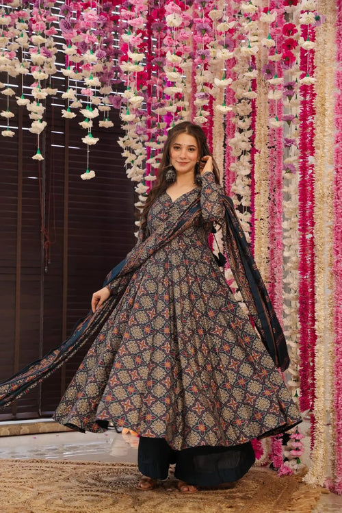 Blue & Red Cotton Printed Anarkali Suit Set