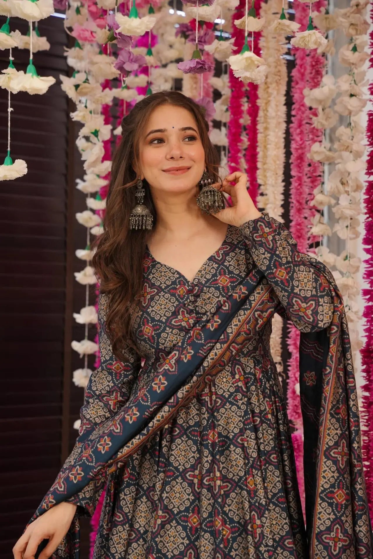 Blue & Red Cotton Printed Anarkali Suit Set