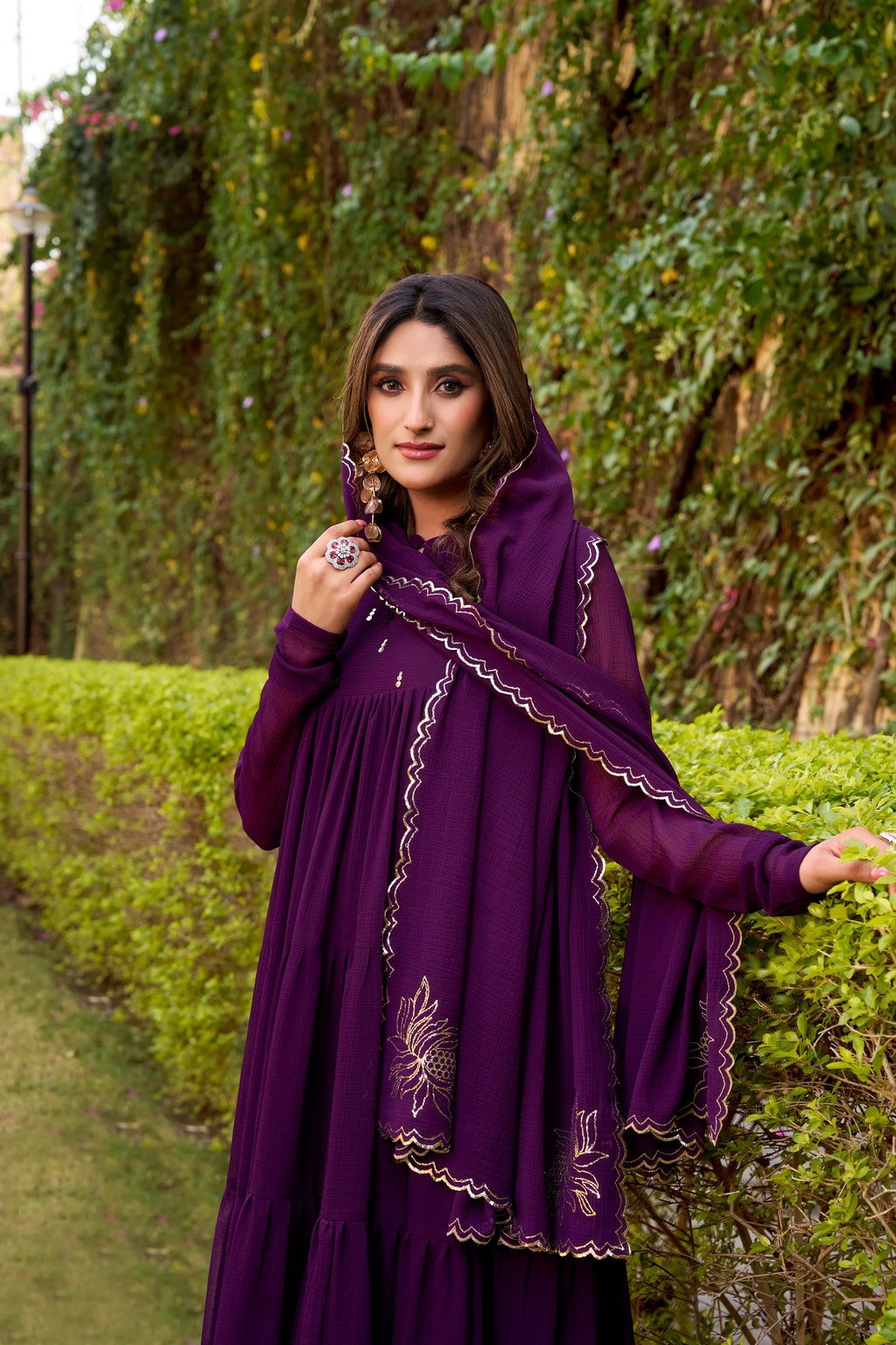 Purple Hand Embroidery Anarkali Suit Set with Dupatta