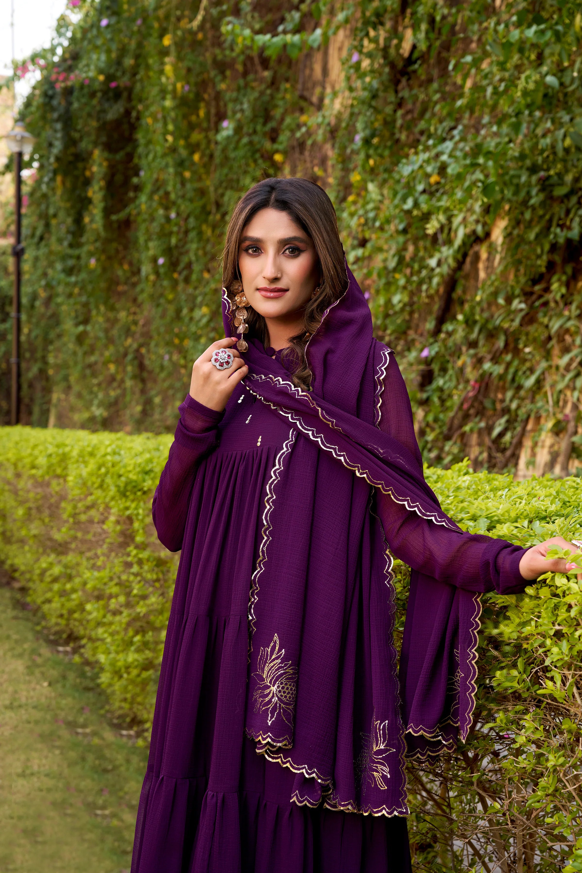 Purple Hand Embroidery Anarkali Suit Set with Dupatta