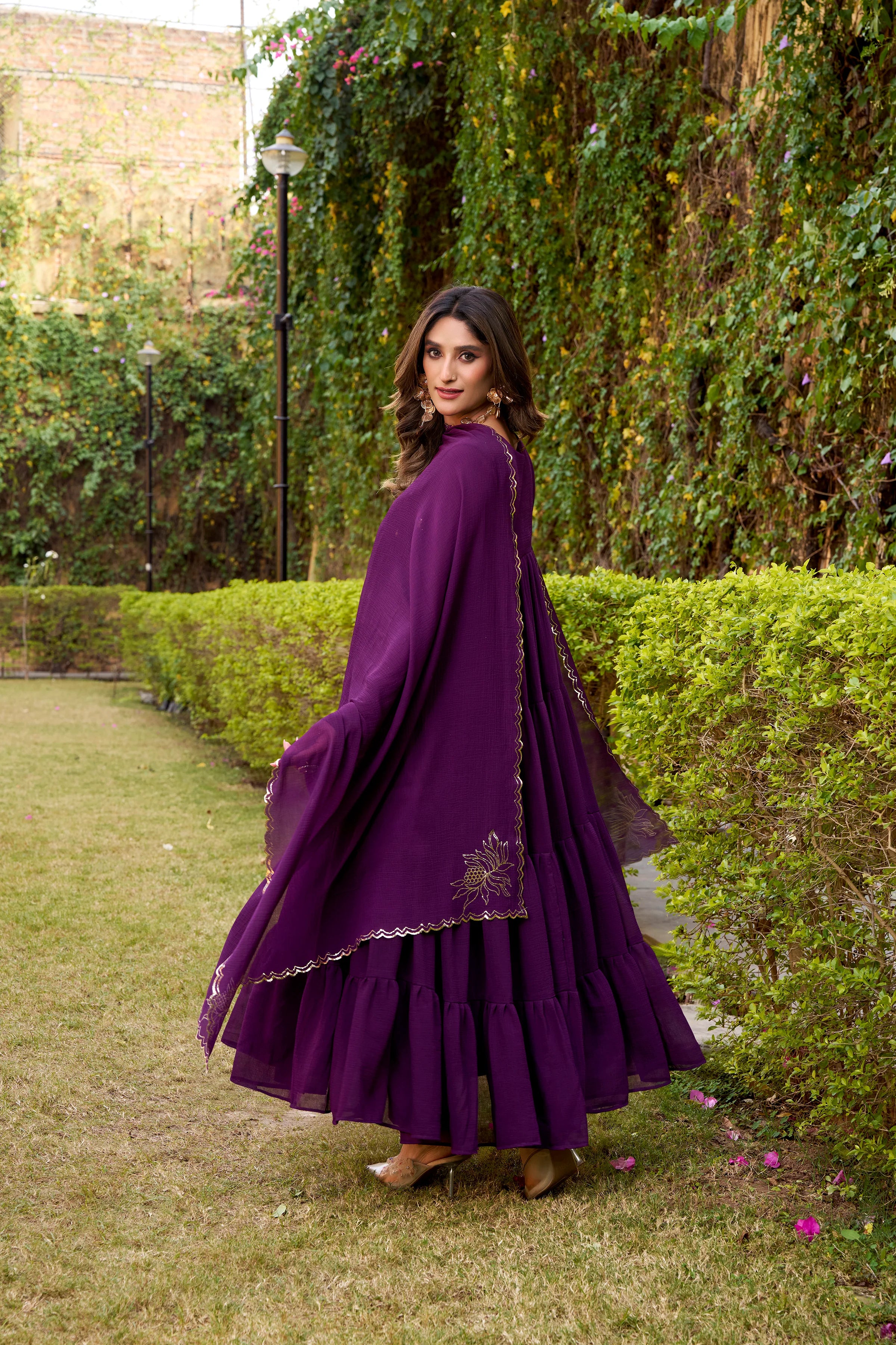 Purple Hand Embroidery Anarkali Suit Set with Dupatta